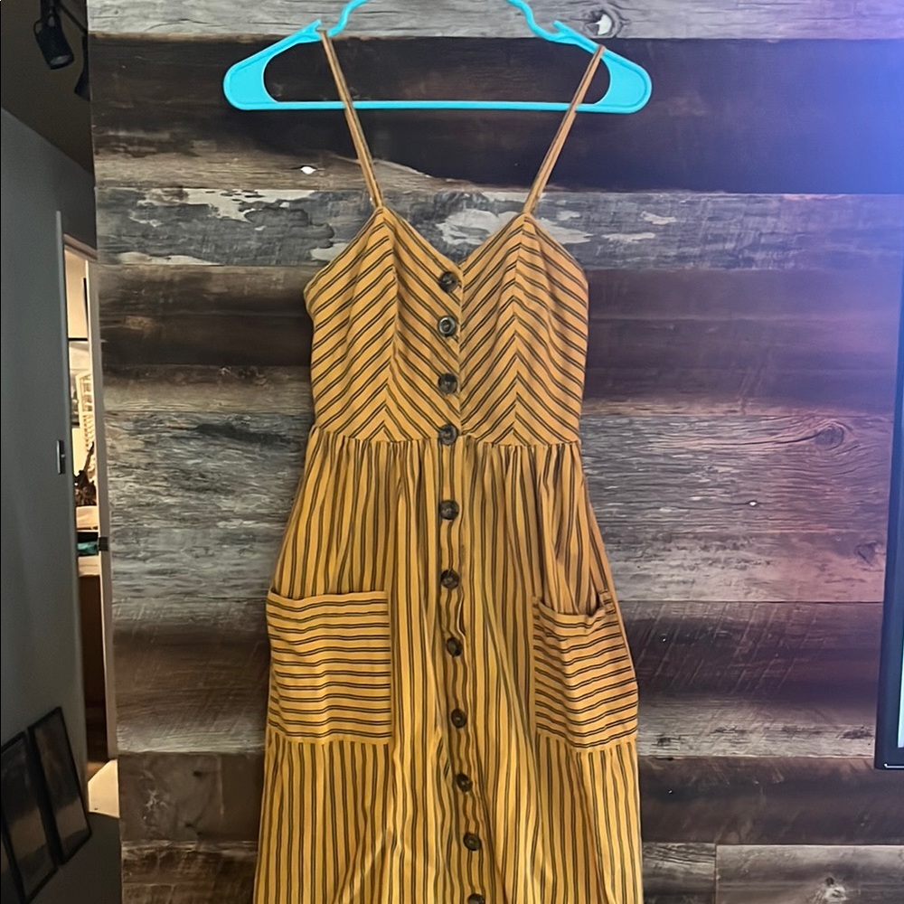 Mustard Yellow and Black Sleeveless Sundress with button front and pockets